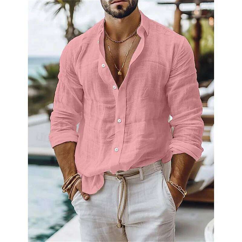 Men's linen summer cotton-linen blend button solid color vacation casual shirt, blue, white, black, pink 26L0113