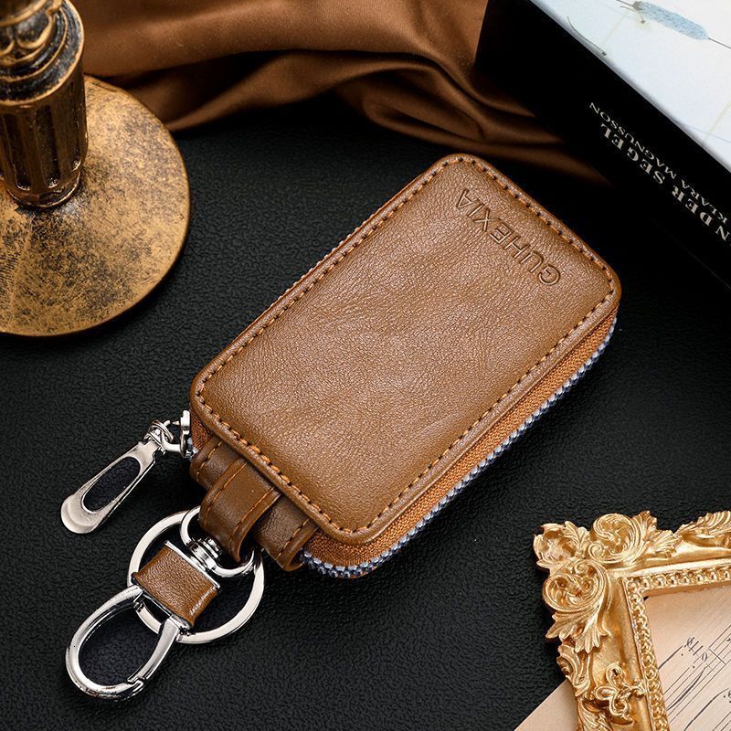 Mens Car Key Holder Business Genuine Leather Texture Zipper Universal Large Capacity Creative Waist Hanging Multi-Function Key Bag