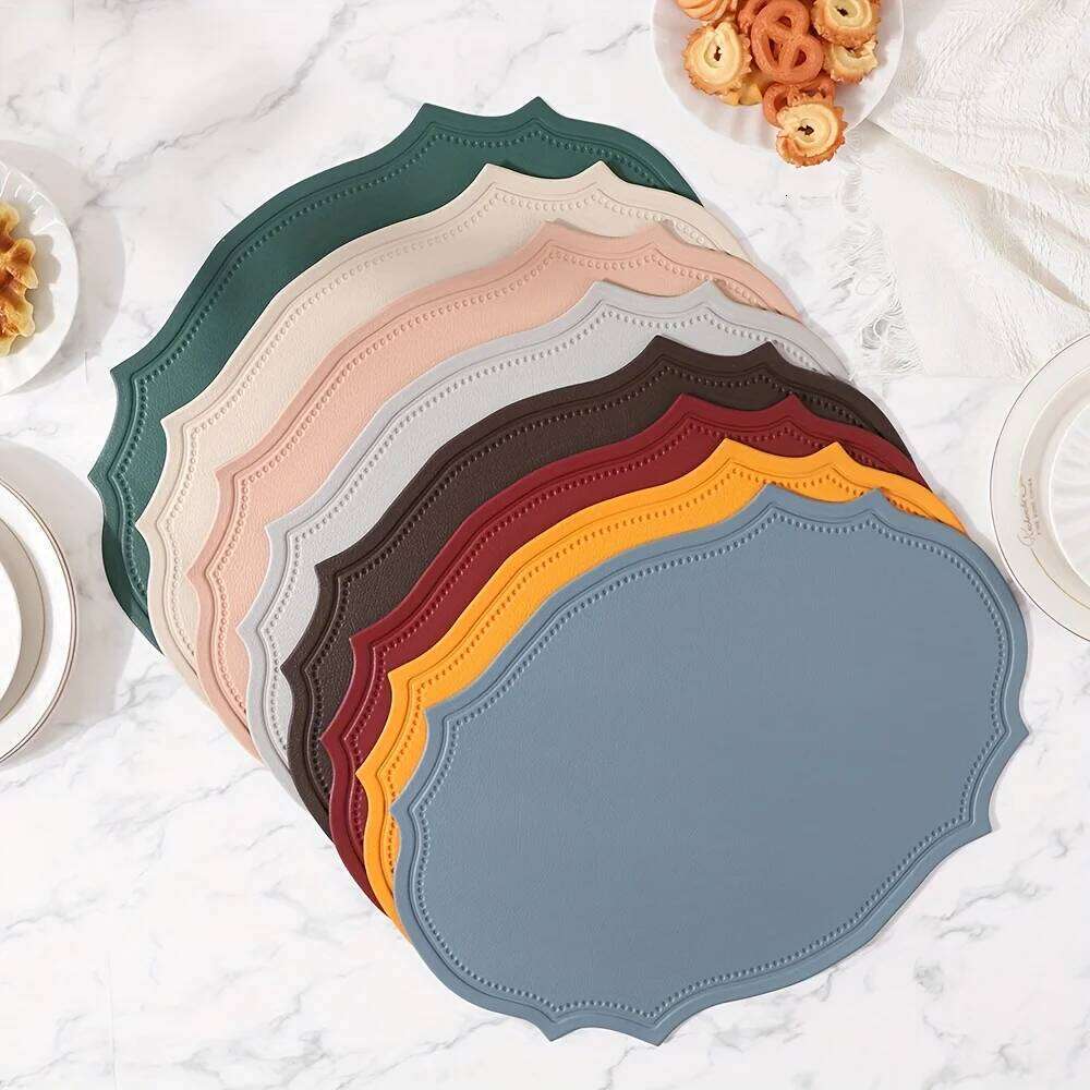 Placemat set with faux leather material for kitchen dining tables, luxurious placemats, tableware, coffee shop mats, dining table mats, green, beige, 