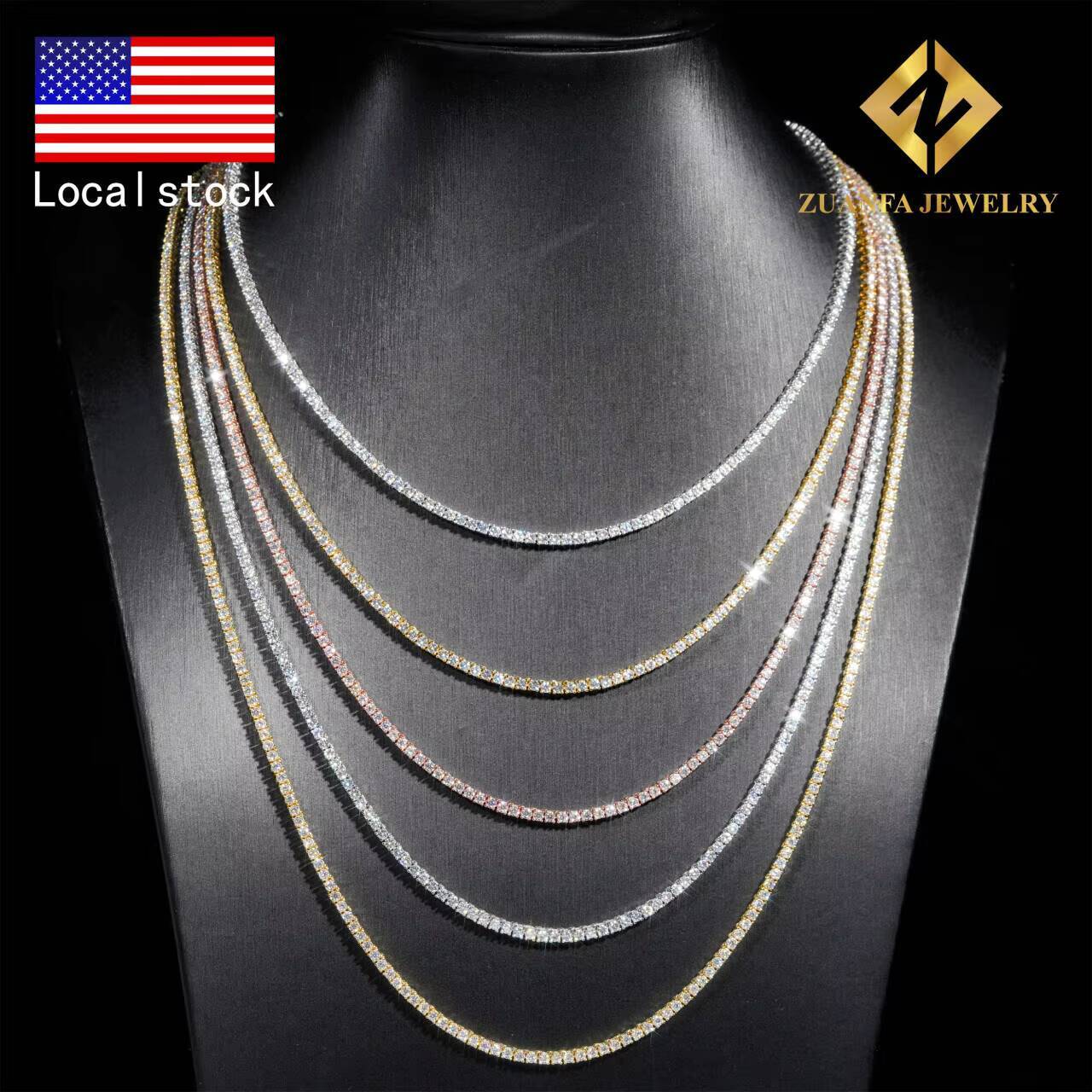 USA Stock Hot Sale Iced Out 2mm Tennis Chain 925 Sterling Silver VVS Fine Jewelry Moissanite Tennis Chain Men Women