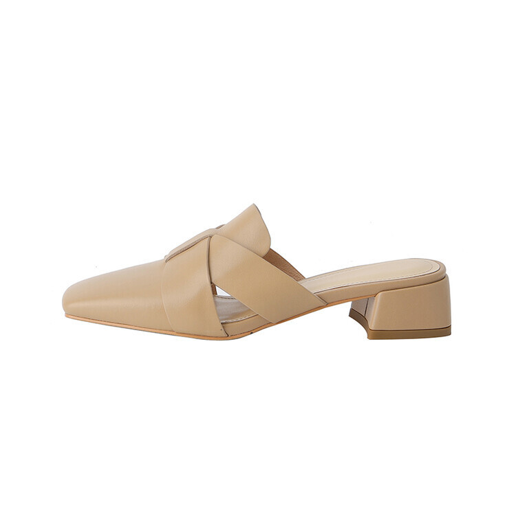 French Retro Square Toe Mule Sandals for Women Genuine Leather Chunky Heel Mid Heel Designer Footwear Spring Summer Fall Shoes