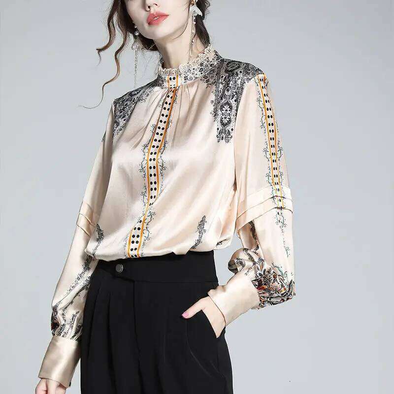 Silk Luxury Brand Shirts Lace Collar Long Sleeve Vintage Office Lady Blouse Print Women Clothing LEEGO LENS