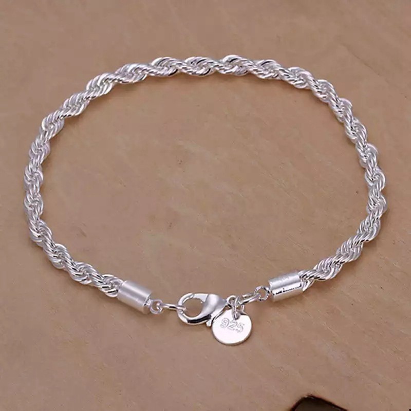Fashion Jewelry Fried Dough Twists Bracelet Jewelry Silver Plated 4MM Twinkle Rope Bracelet Birthday Gift for Men and Women