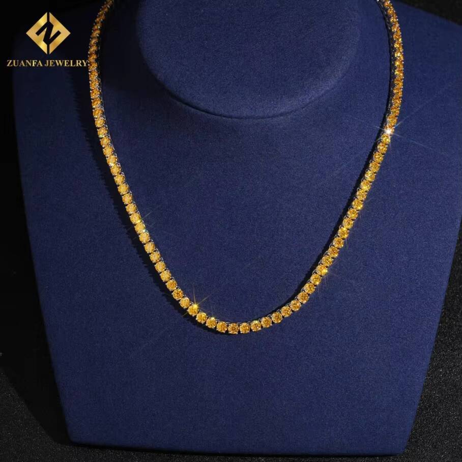 New Arrival Luxury Round Brilliant Cut Yellow Gold 4mm Moissanite 925 Silver Moissanite Tennis Chain Pass Diamond Test with GRA