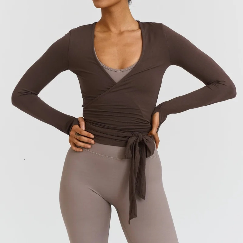 Y2k Ballet Pilates Wrap Top for Women Workout Yoga Dance Long Sleeve Wrap Shirt Slim Tie Front Going Out Crop Tops 260112 - view 7