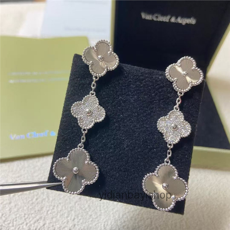 designer clover vanly cleef earring for women Four-leaf Clover Three Flowers 18k Rose Gold Laser Three Flowers Long Earrings Jewelry