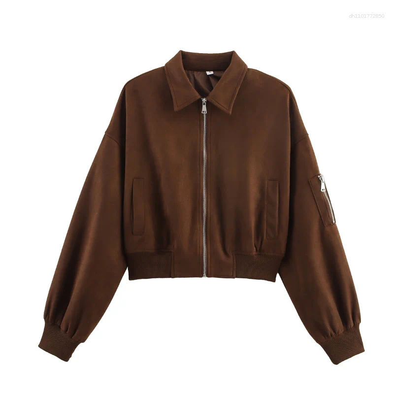 Women's Jackets Women Brown Short Suede Bomber Jacket Lapel Long Sleeve Zipper Pocket Cropped Coat Autumn Lady Fashion High Street Outwear