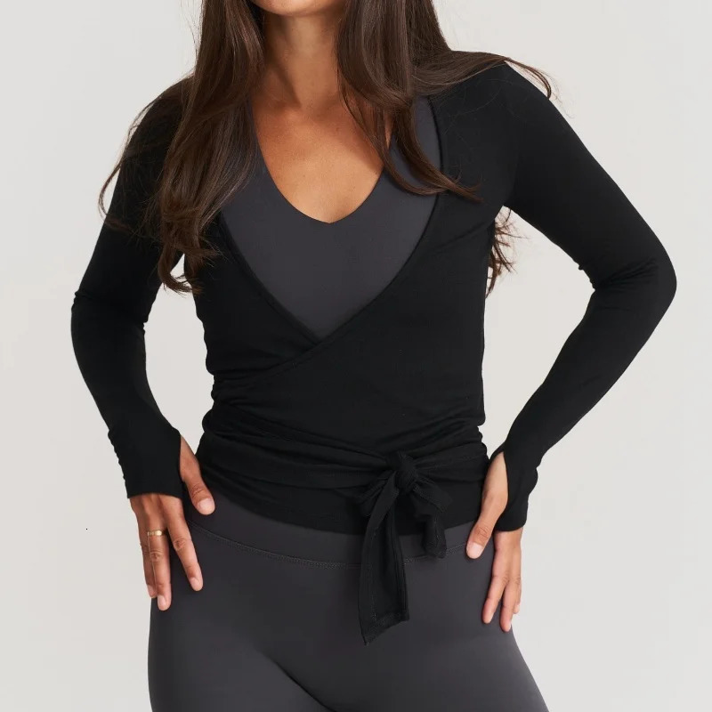 Y2k Ballet Pilates Wrap Top for Women Workout Yoga Dance Long Sleeve Wrap Shirt Slim Tie Front Going Out Crop Tops 260112 - view 5