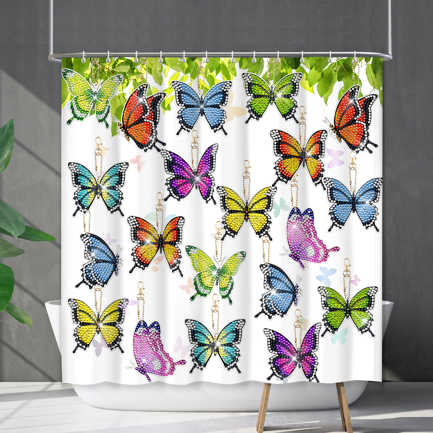 YL-38166 Waterproof Shower Curtain Set with Floral Designs, Flowers, Plants, and Butterflies - No Drill Required