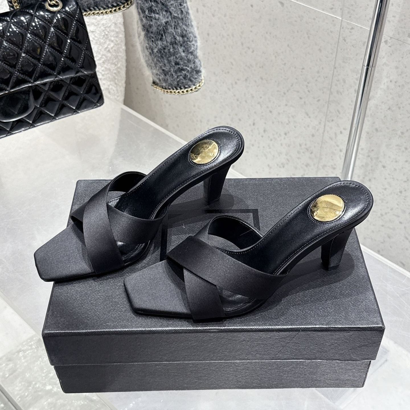 Jill Satin Mules Luxury designer women slip on chunky heel sandals Fashion simple square toe high heel mule New ladies casual outdoor slippers Factory footwear