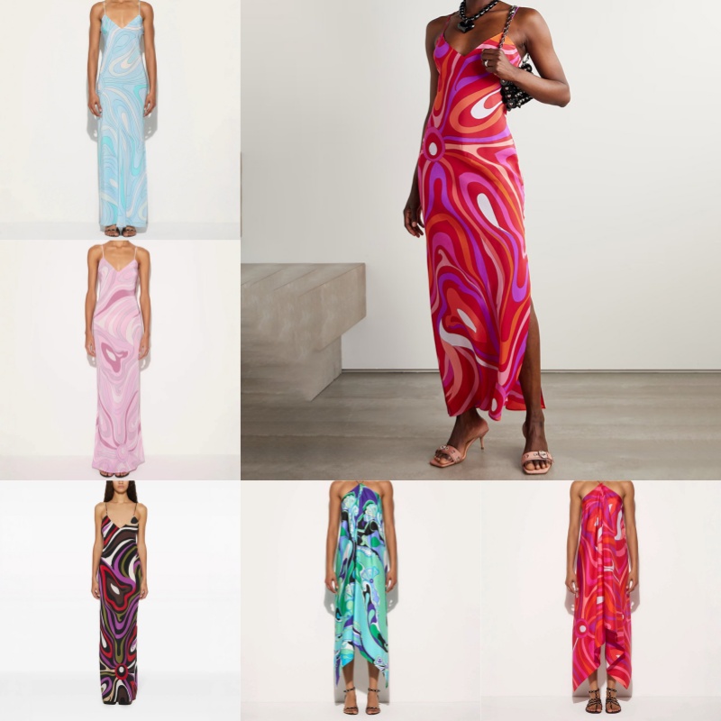 Color Blocked Slip Dress Women Designer Irregular Print Dresses Summer Sexy Backless Halter Vest Slit Skirts Outfits Travel Vacation Bohemian Dress