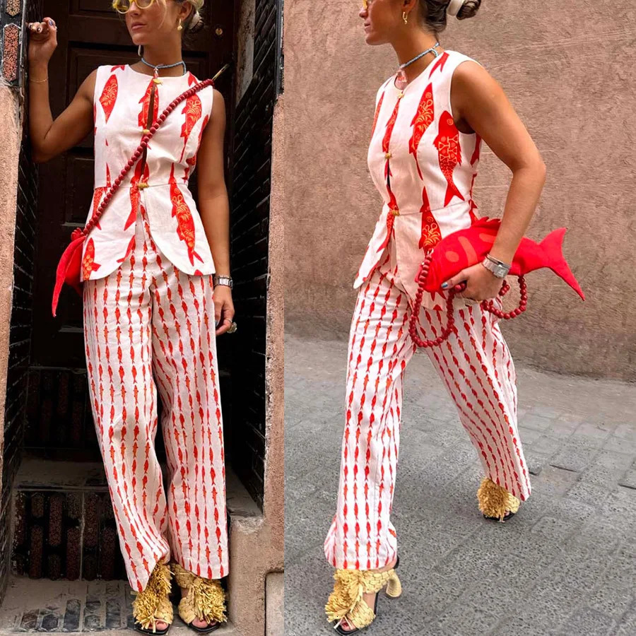 Summer Women Cartoon Red Fish Print O Neck Tank Top And Straight Female Long Pants Short Sleeve Shirt Wide Leg Pant 2 Piece Sets 260109