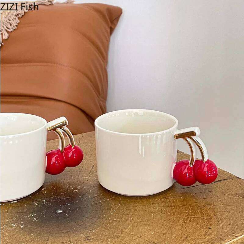Creative Cherry Handle Mug White Ceramic Cups Dining Table Coffee Mugs Afternoon Tea Teacup Water Cup Fruits Juice Container