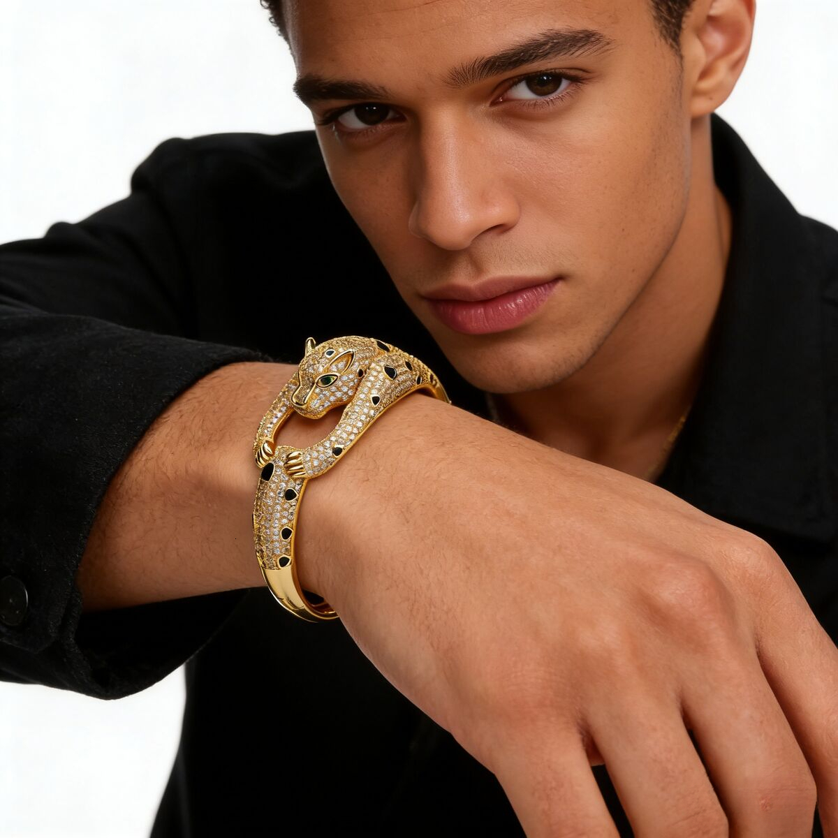 Jewelry Gold-Plated Copper Zircon Bracelet Domineering Animal Resin Leopard Head Diamond-Studded Bracelet Men's Personalized Jewelry Wholesale