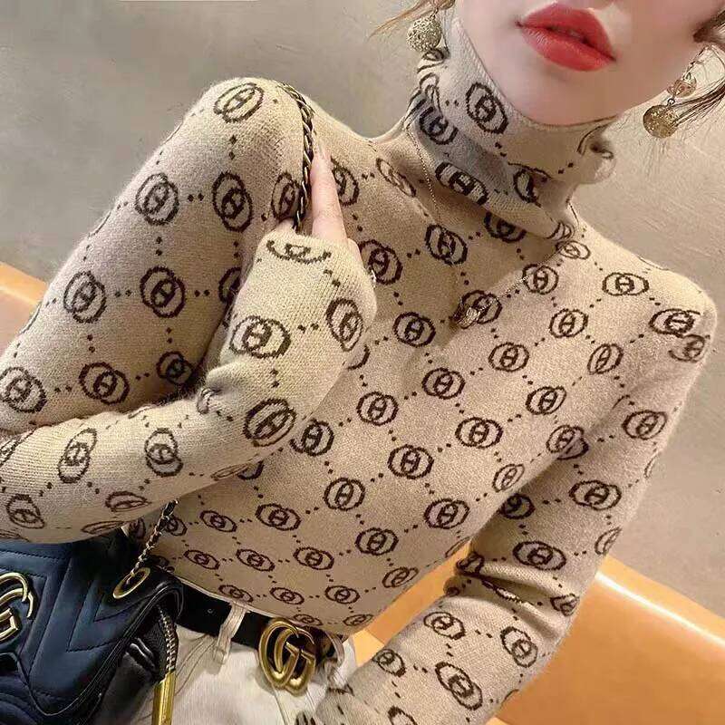 Women Clothing Fashion Turtleneck Long Sleeve Knit Designer Fashion Pullovers Autumn Winter Casual All-Match Geometric Slim Sweaters Chic Tops