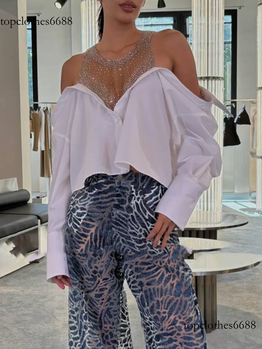 TWOTWINSTYLE Hit Color Sheer Spliced Hot Fix Fashion Blouses for Women Round Neck Long Sleeves Patchwork Folds Blouse Female New
