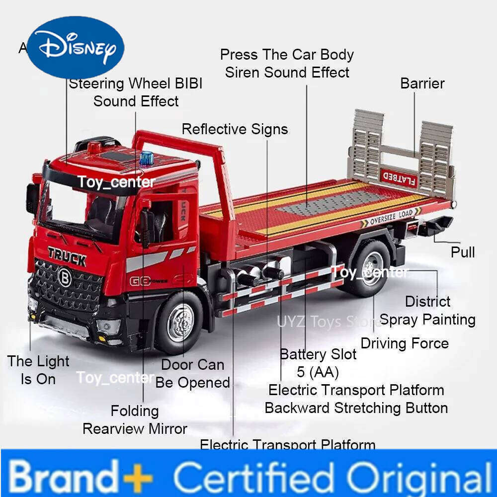 Disney 1:24 Electric Flatbed Trailer Cement Pump Truck Model Toys Diecast Alloy Car Doors Opened Sound Light Vehice Children's Boy Gift H260113
