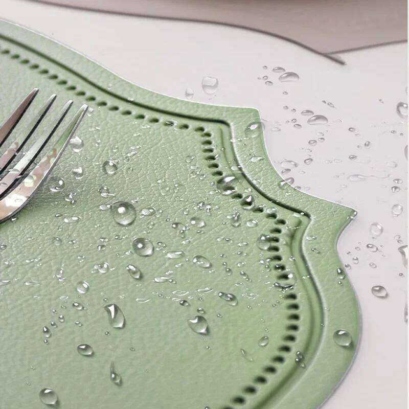 Placemat set with faux leather material for kitchen dining tables, luxurious placemats, tableware, coffee shop mats, dining table mats, green, beige, 