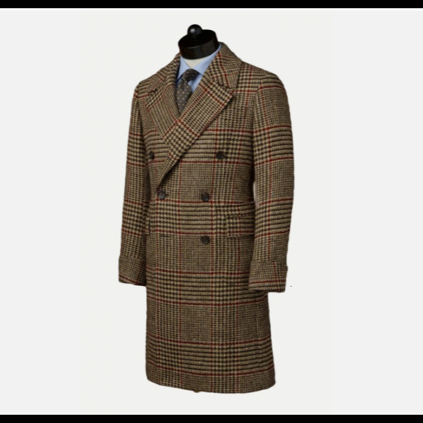 Autumn And Winter Men Wool Brown Houndstooth Overcoat Doublebreasted Lapel Warm Long Coat Formal Men Clothing 251020CJ
