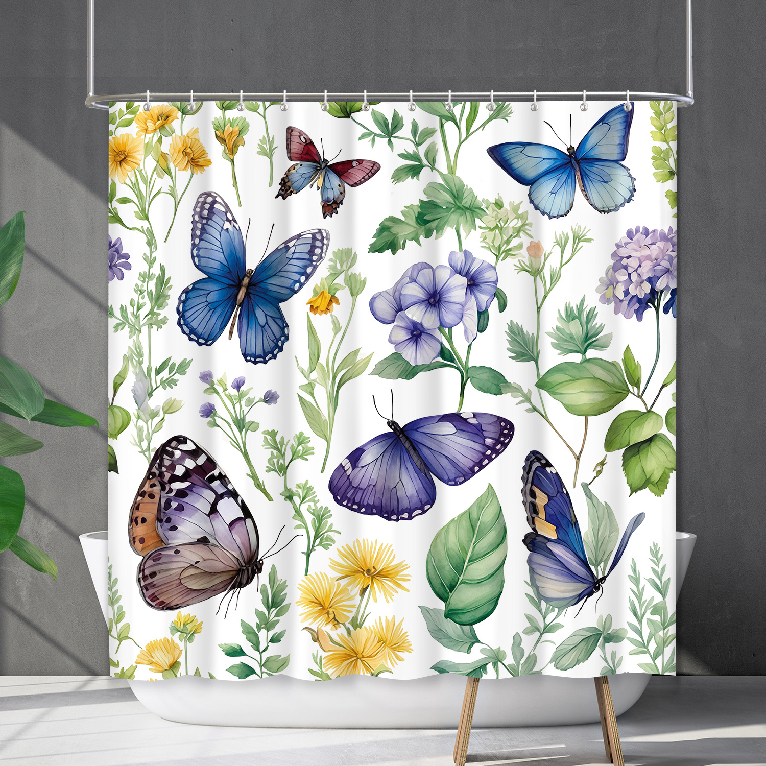 YL-38156 Waterproof Shower Curtain Set with Floral Designs, Flowers, Plants, Butterflies, and Shower Cover - No Drill Required