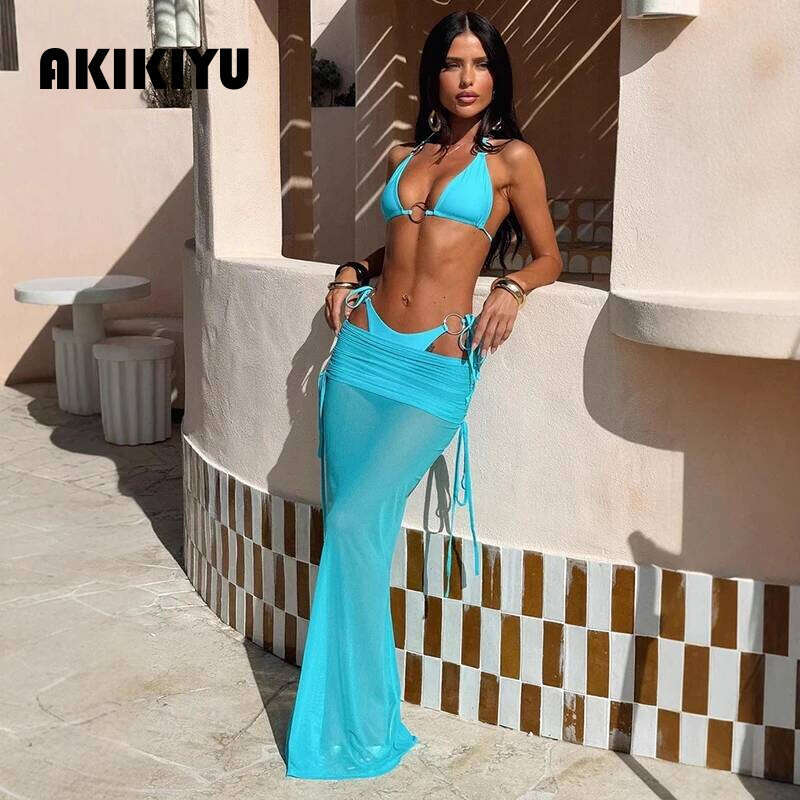 Three Pieces Hollow Out Swimsuit With Cover Up Sexy Swimwear Women Bikini Female Swimming Suit Long Skirt Bodysuit Beachwear AKIKIYU