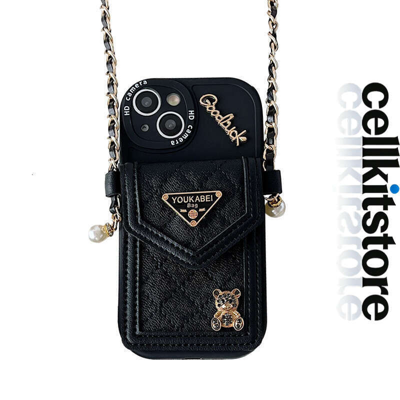 Crossbody iPhone Case with Coin Purse & Card Holder, Houndstooth Leather Design with Bear Emblem & Triangle Logo, Compatible with iPhone 17 Pro Max/16