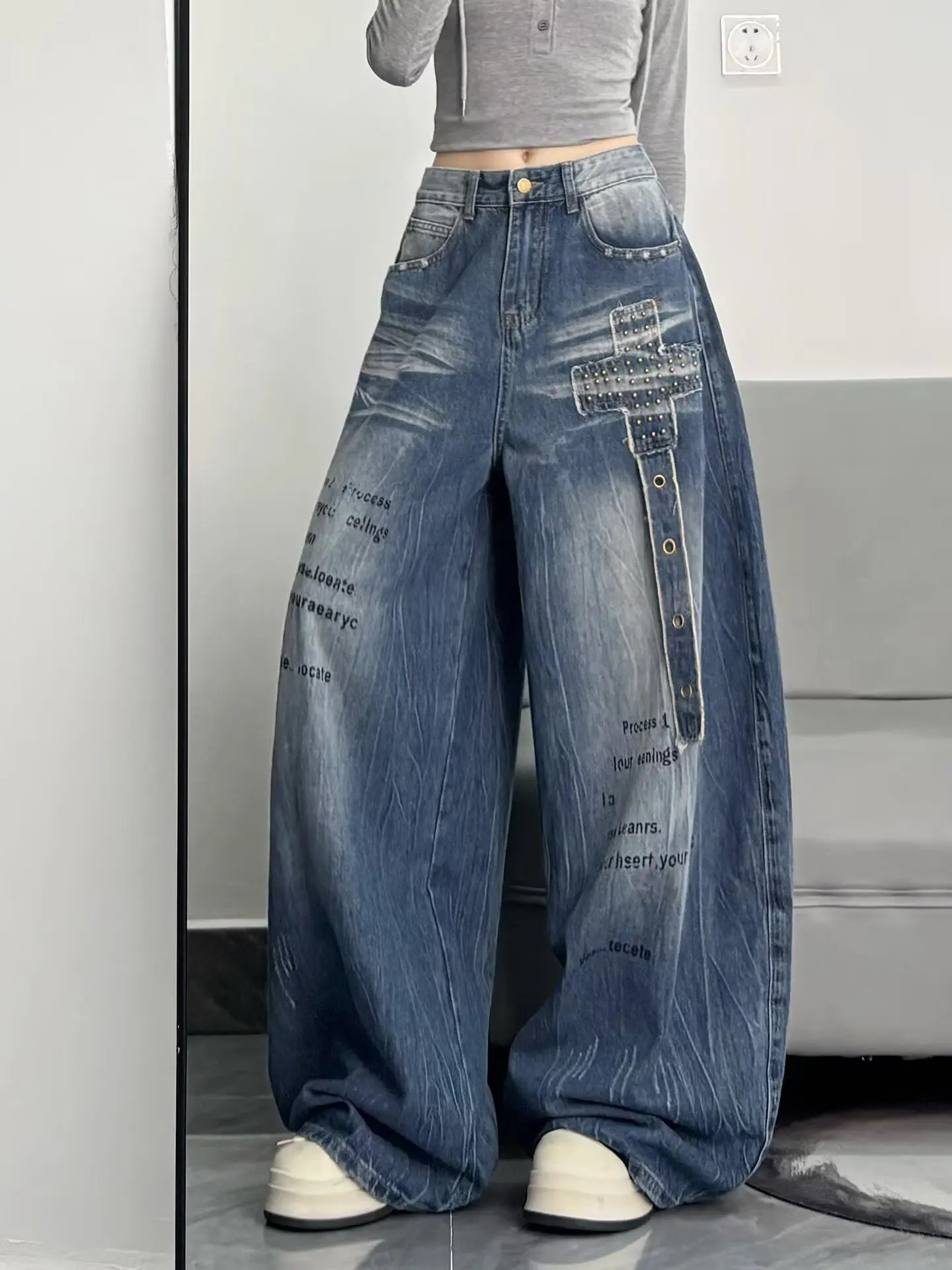 American high street floor embroidered denim retro womens autumn waisted loose wide leg pants Y2K straight 260113 - view 4