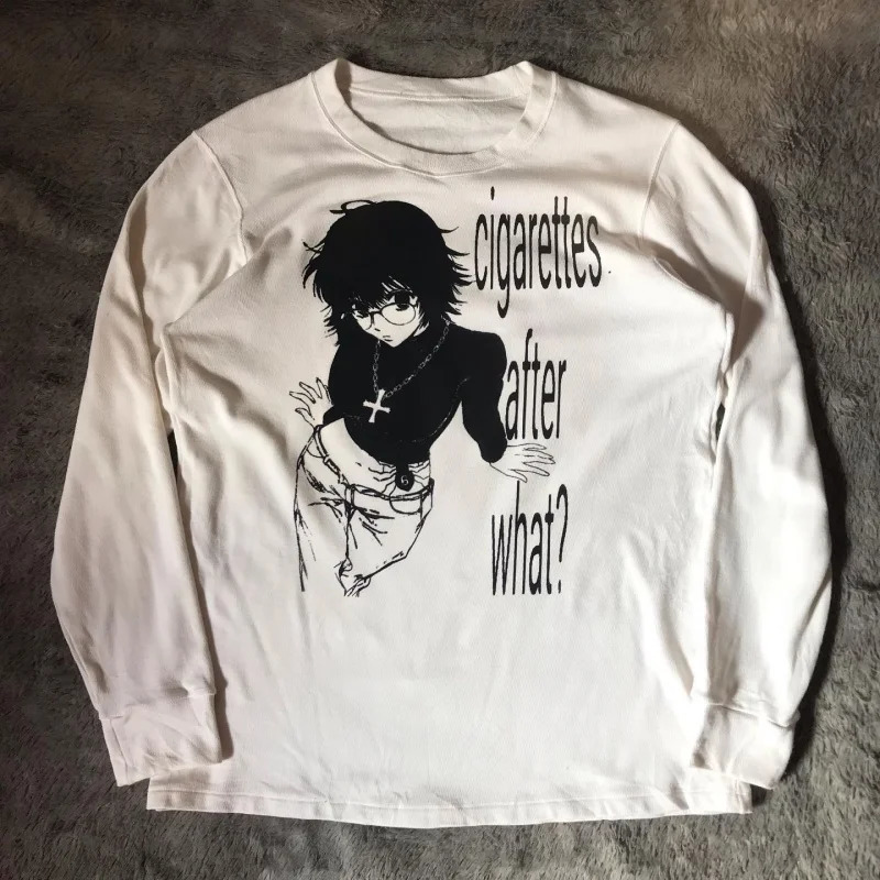 Women Retro Cute Harajuku Slim fit Tops Lady White Casual T-Shirts Girls Letter Anime Print Long Sleeve Clothes260108