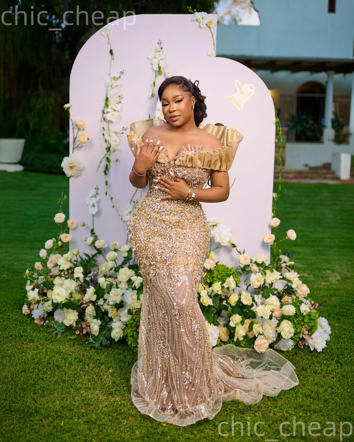 Aso Ebi Gold Mermaid Prom Dresses 2026 Off Shoulder Beaded Crystals Illusion Evening Formal Party Second Birthday Engagement Gowns Dress For Special O