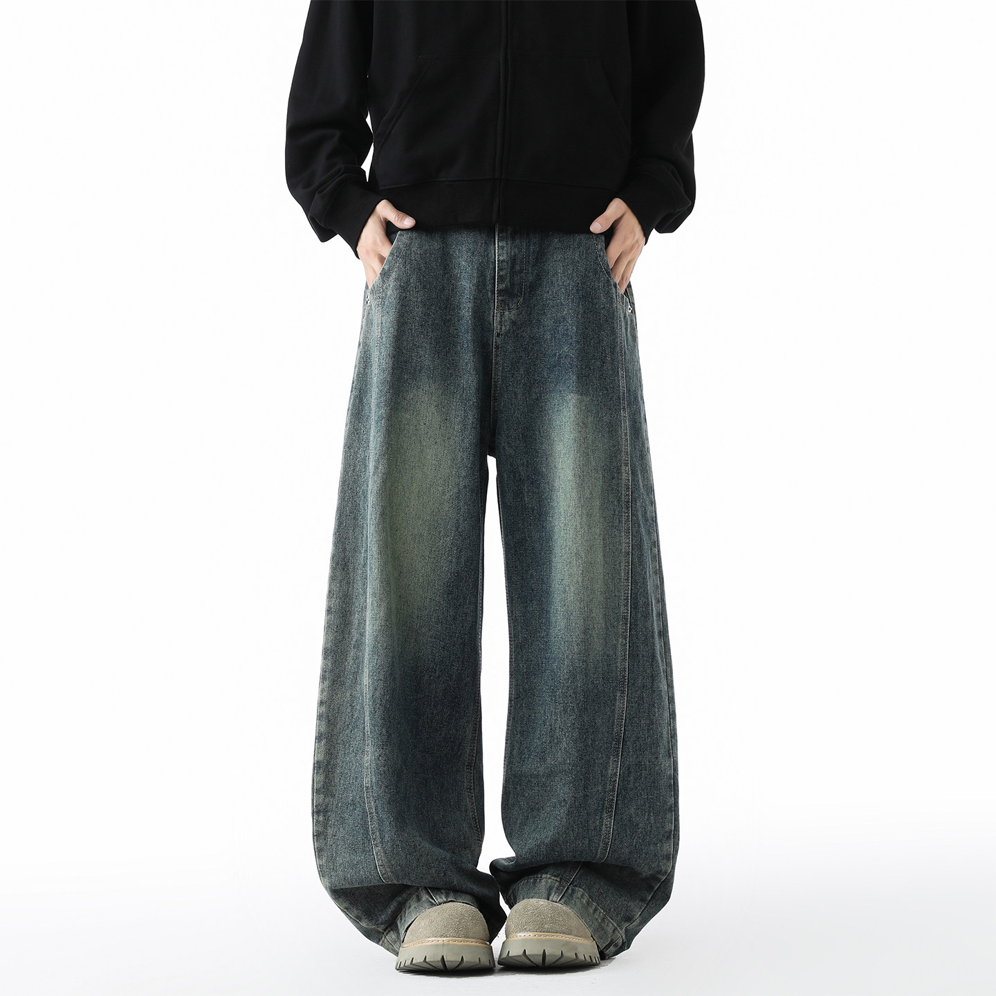 Men's American Streetwear Baggy Wide-Leg Jeans - Vintage Washed Slouchy Straight-Leg Casual Pants for Fall