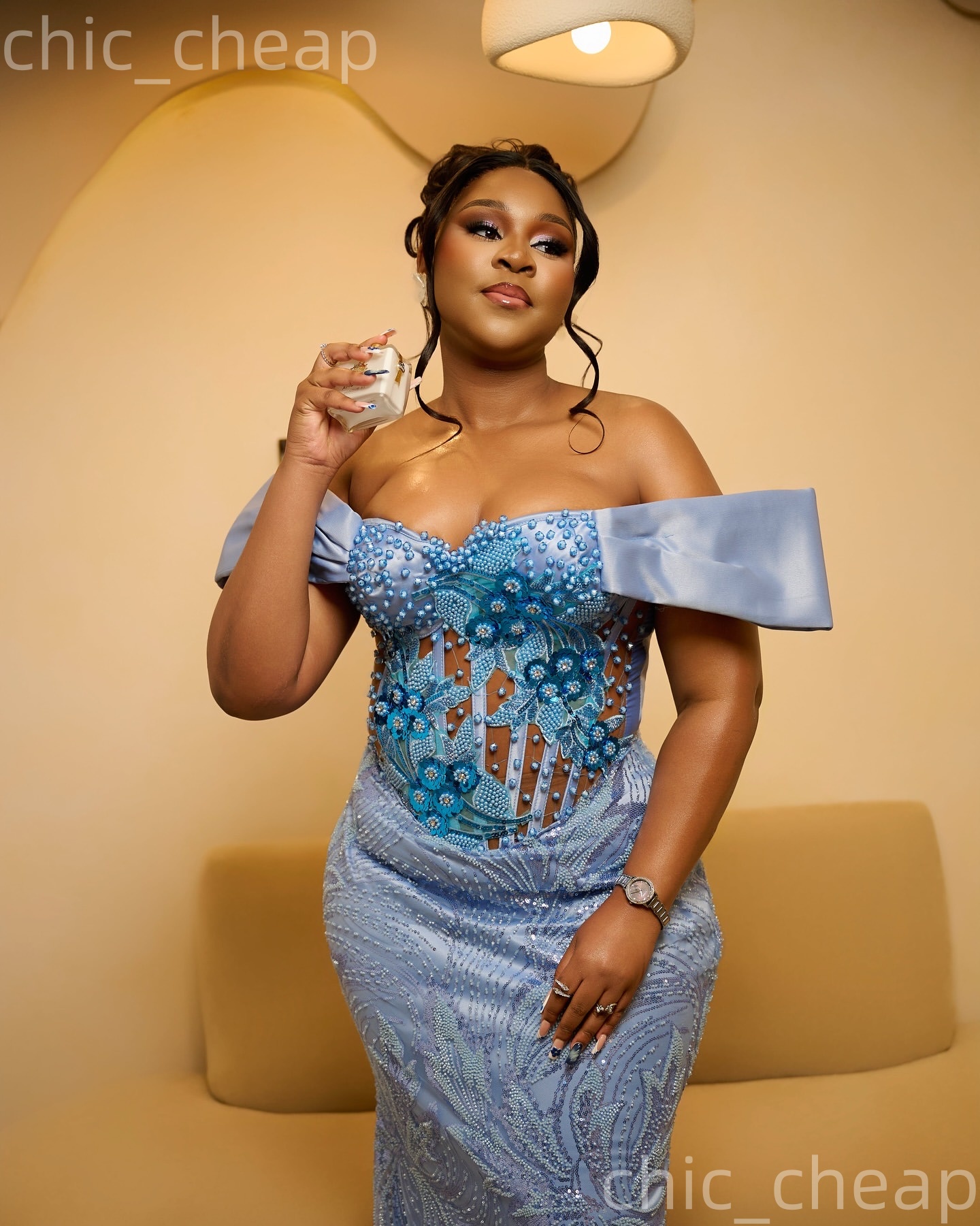 Aso Ebi Sky Blue Mermaid Prom Dresses 2026 Appliques Beaded Sequined Evening Formal Party Second Birthday Engagement Gowns Dress For Special Occasions