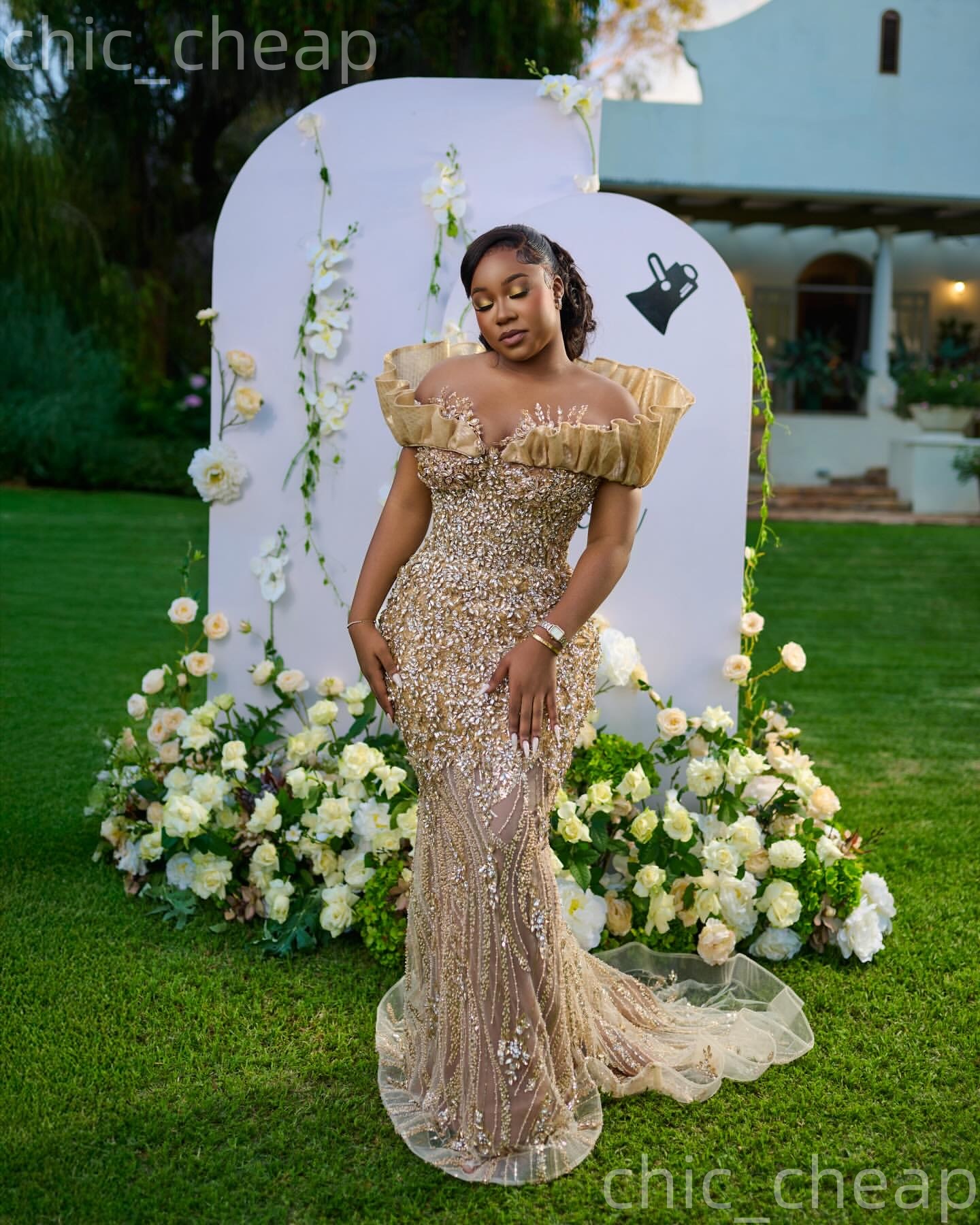 Aso Ebi Gold Mermaid Prom Dresses 2026 Off Shoulder Beaded Crystals Illusion Evening Formal Party Second Birthday Engagement Gowns Dress For Special O