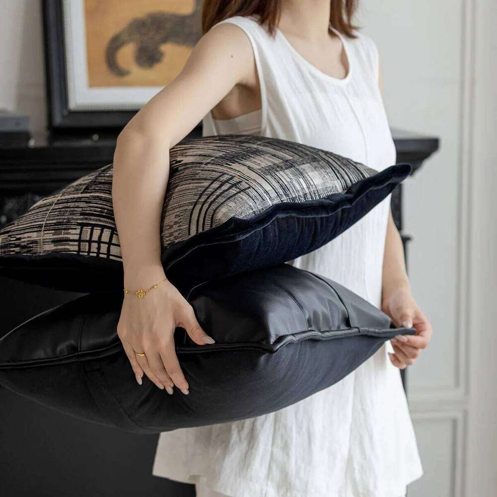 Italian Black And White Sofa Cover Hotel Living Room Backrest Cushion Luxurious Designer Leather Woven Pillowcase