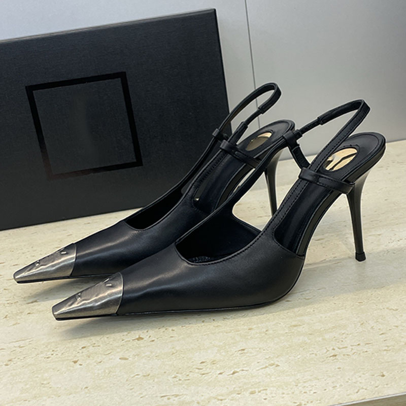 JEANNE slingback pumps in glazed leather square pointed metal cap toe Elegant ladies sexy slingback pumps elasticized slingback strap leather sole slingback pumps