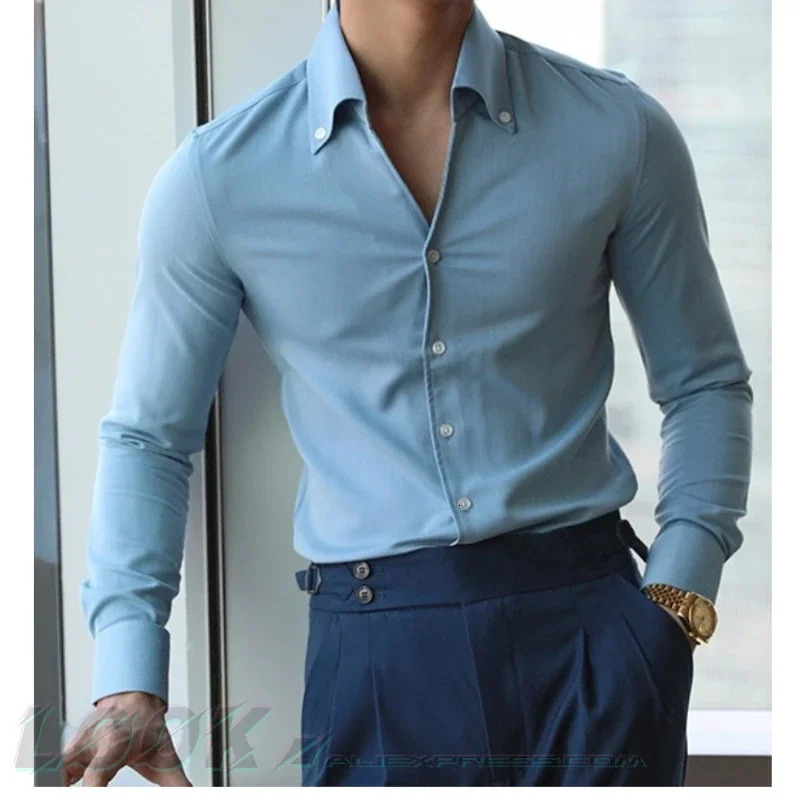 Mens Italian Collar Shirt Wrinklefree Casual Fashionable Slimfit with A Lapel n ed Clothing Youth 260109 - view 3
