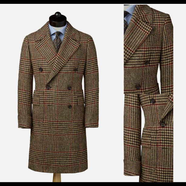 Autumn And Winter Men Wool Brown Houndstooth Overcoat Doublebreasted Lapel Warm Long Coat Formal Men Clothing 251020CJ
