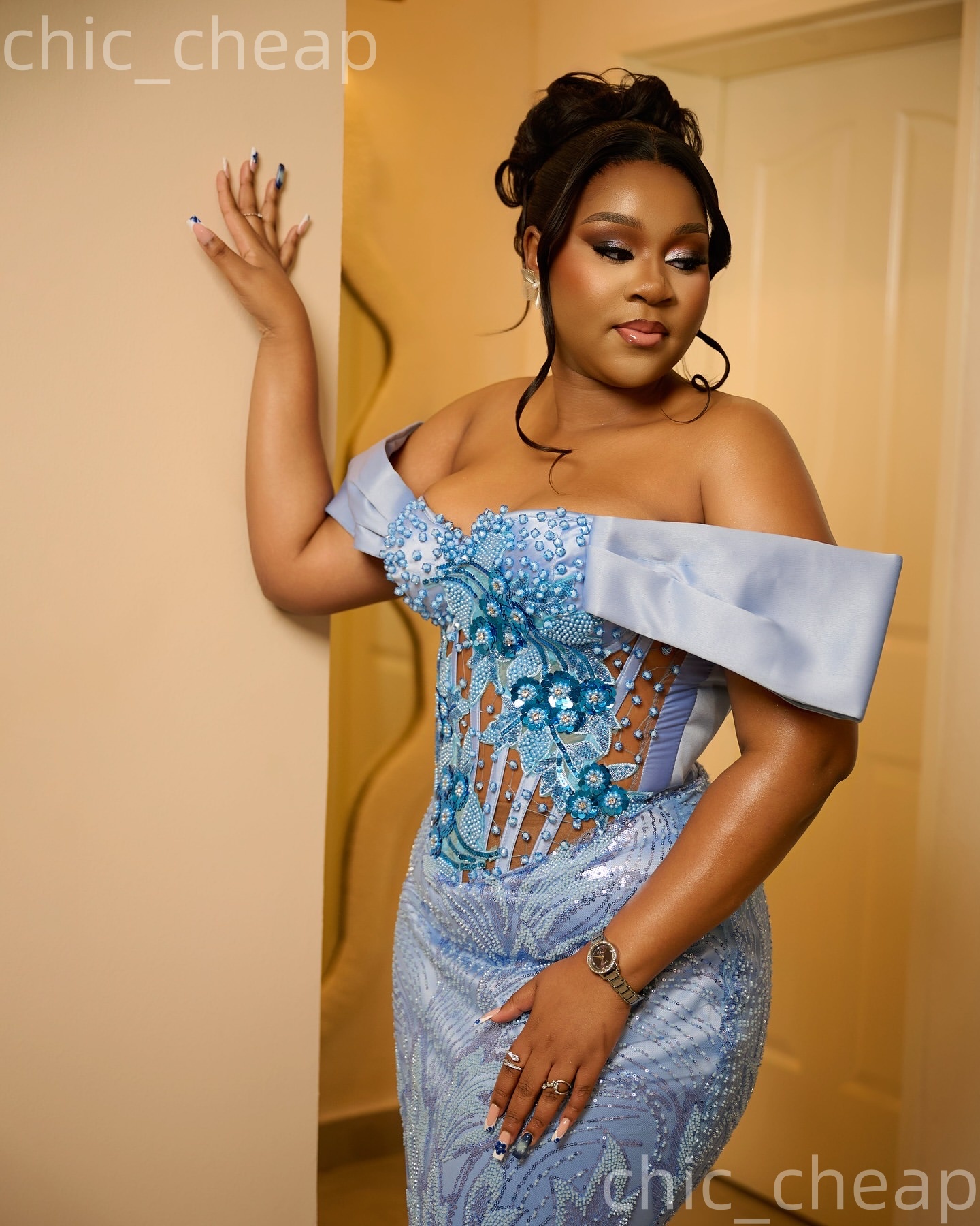 Aso Ebi Sky Blue Mermaid Prom Dresses 2026 Appliques Beaded Sequined Evening Formal Party Second Birthday Engagement Gowns Dress For Special Occasions