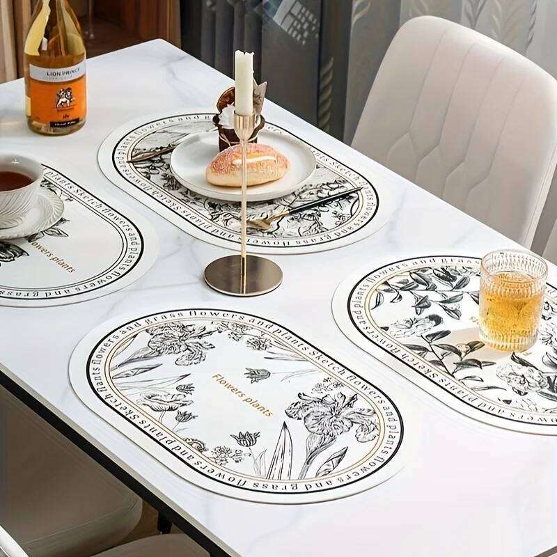 Floral Elliptical Placemats, PU Leather Sketch Flowers Pattern Table Mats, Waterproof Heat-Resistant Non-Slip Wipeable Dining
