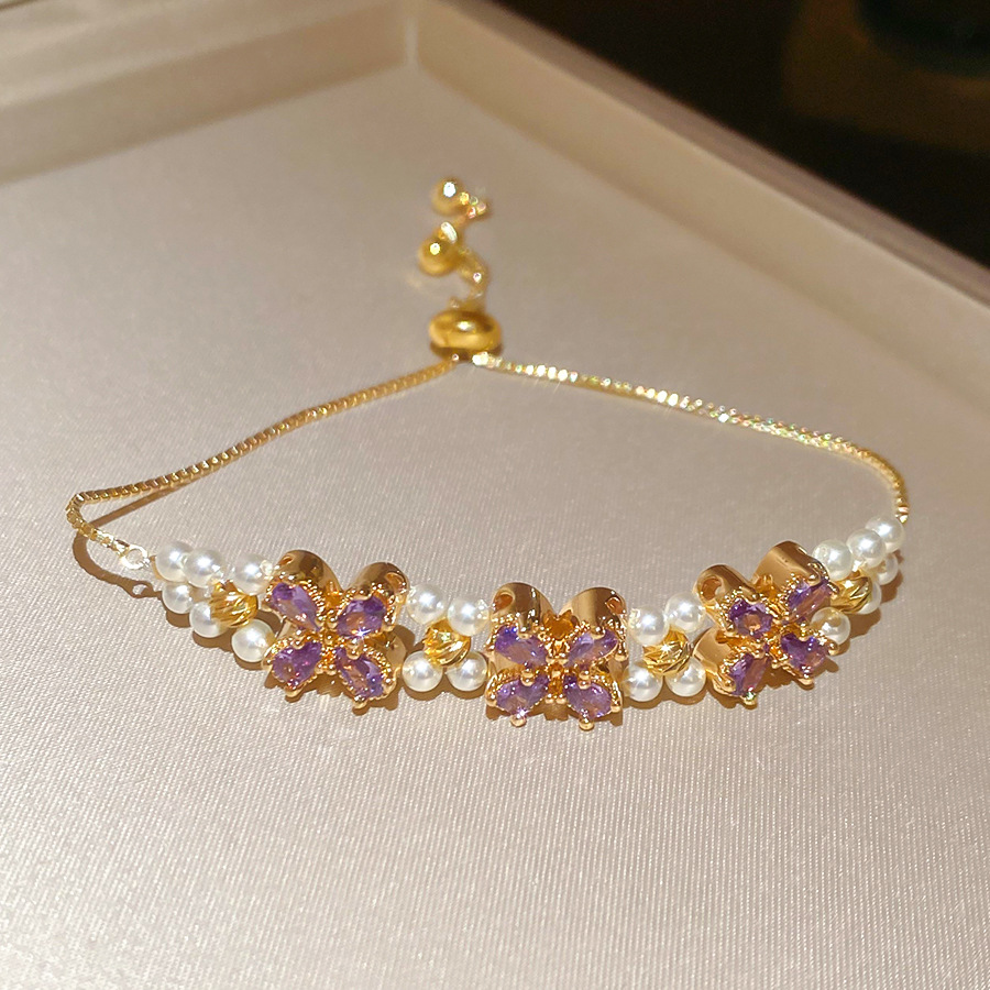 French Retro Zircon Square Flower Pearl Light Luxury High-end Palace Style Bracelet Personalized Fashion Jewelry - view 4