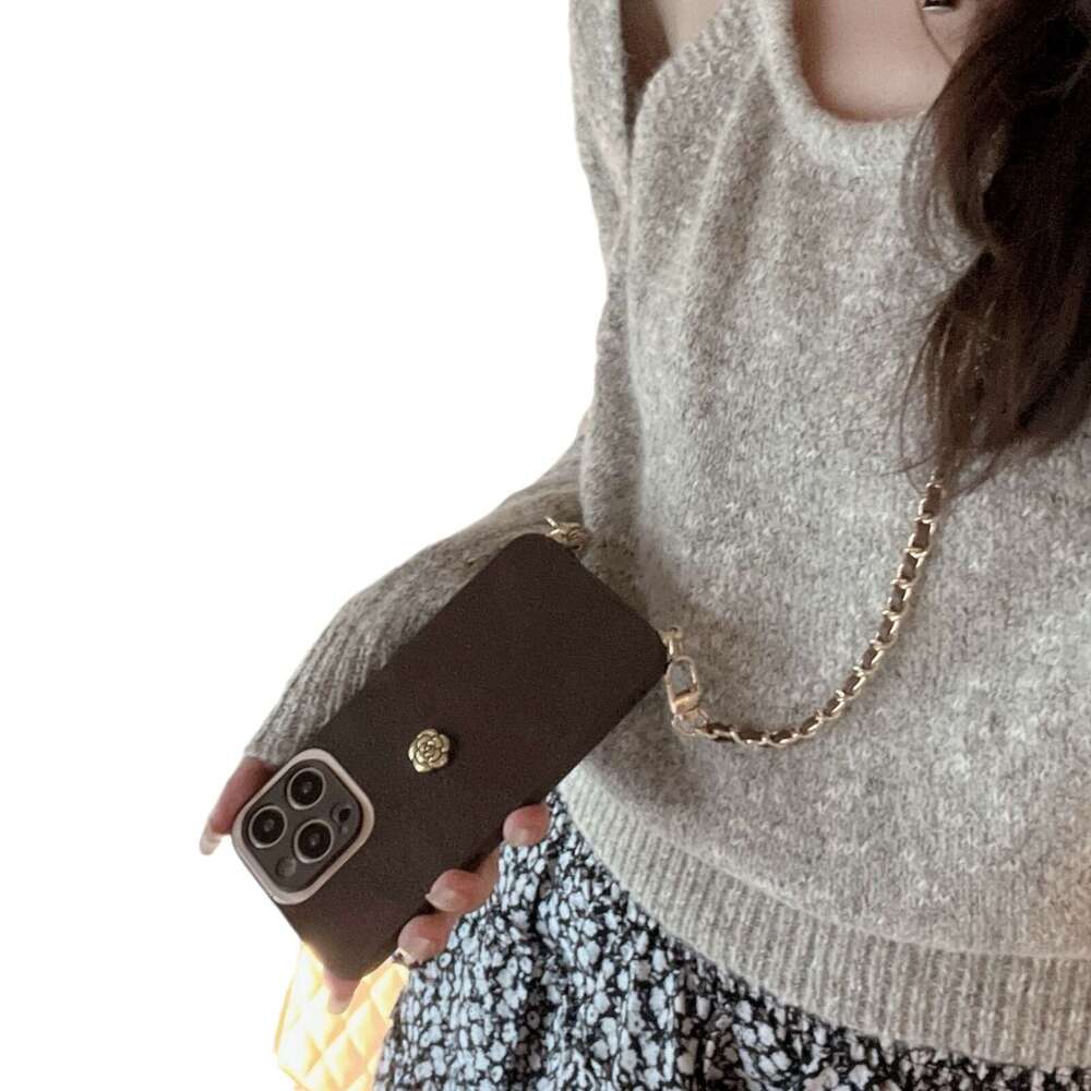 Brown Suede iPhone Case with Camellia Emblem & Crossbody Gold Chain, Premium Protective Cover Compatible with iPhone 17 Pro Max/16/15 Pro Max/13