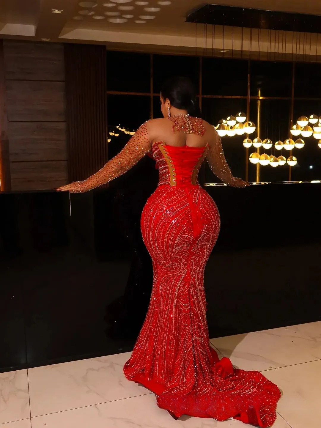 Plus Size Red 2026 Prom Mermaid Evening Dresses For Black Women Beaded Lace Crystals Flora Illusion Long Sleeves Birthday Dress Second Reception Gowns