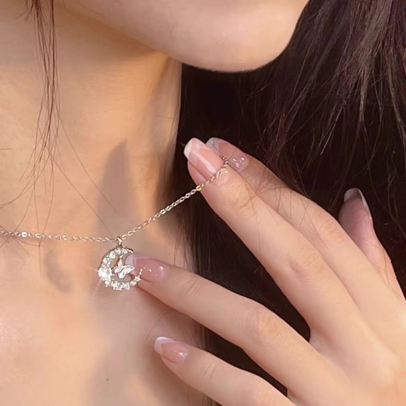 yoyo Women's Moon Butterfly Zircon Collarbone Necklace Dainty Minimalist Elegant Versatile Jewelry Student Best Friend for Girlfriend Gift - view 4