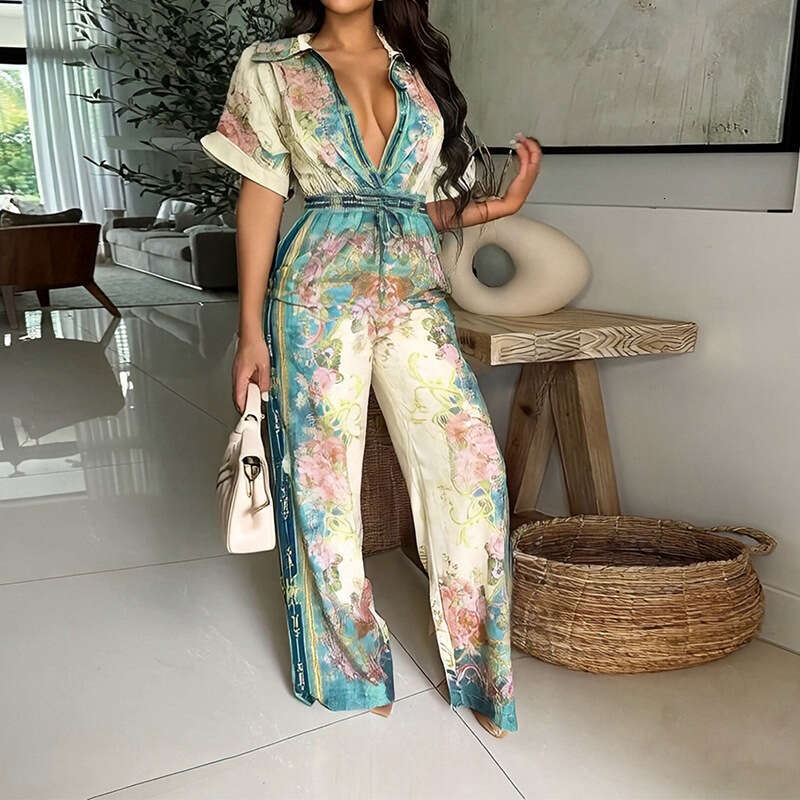 2026 Spring New European and American Elegant Sexy V-Neck Vintage Floral Print Jumpsuit
