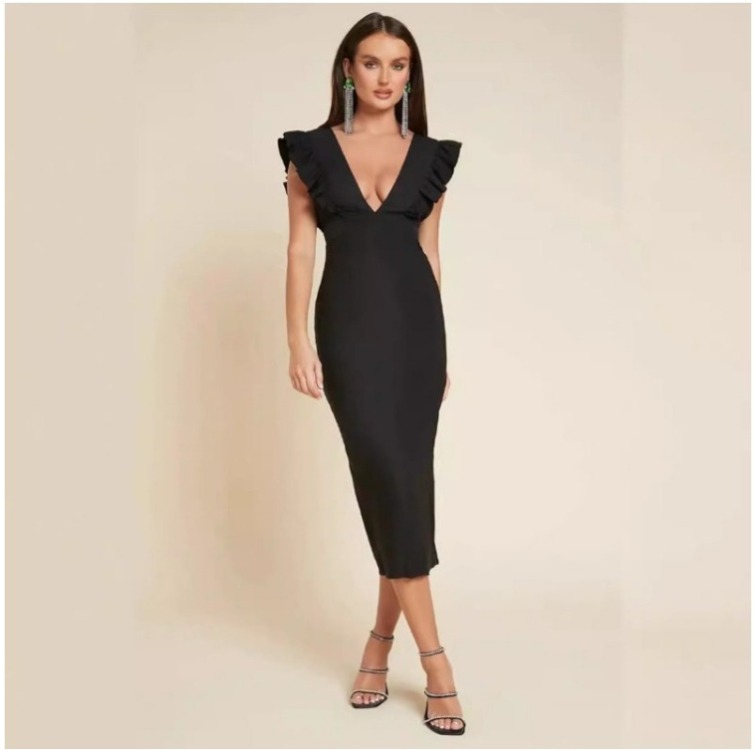 (891) Elegant and Sexy V Lotus Leaf Sleeveless High Waist Slim Dress