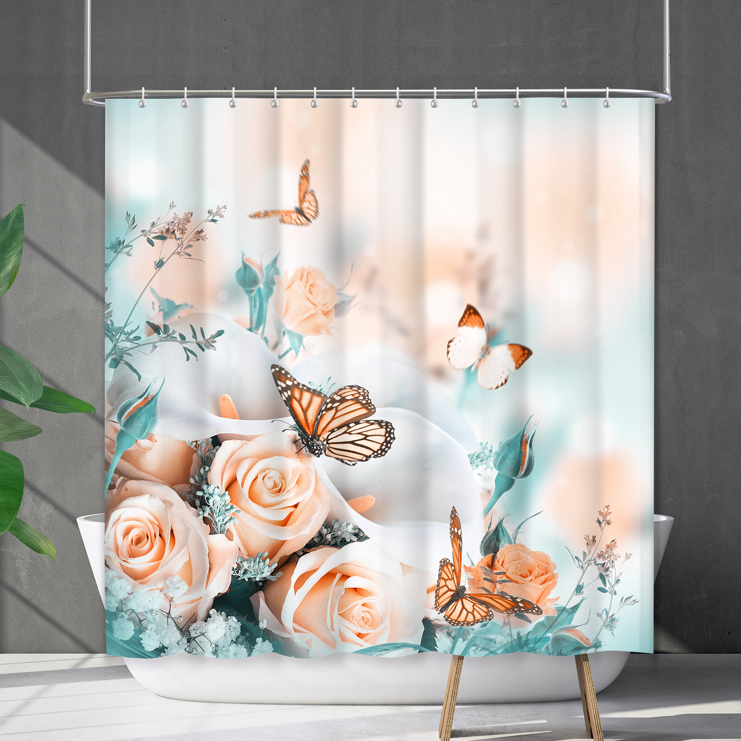 YL-38152 Waterproof Shower Curtain Set with Floral Flowers, Butterflies, and Other Floral Designs - Shower Cover - No Drill Required