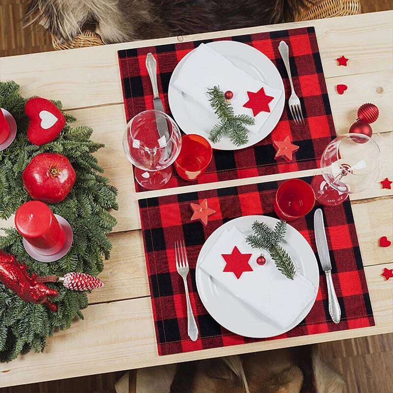 Holiday Checkered Placemat Household Kitchenware Item Dining Table Mat for Living Room Restaurant Outdoor Party Decorations Washable Fabric Reusable M