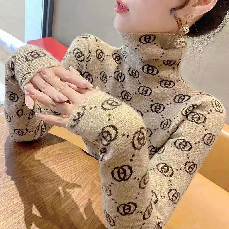 Women Clothing Fashion Turtleneck Long Sleeve Knit Designer Fashion Pullovers Autumn Winter Casual All-Match Geometric Slim Sweaters Chic Tops
