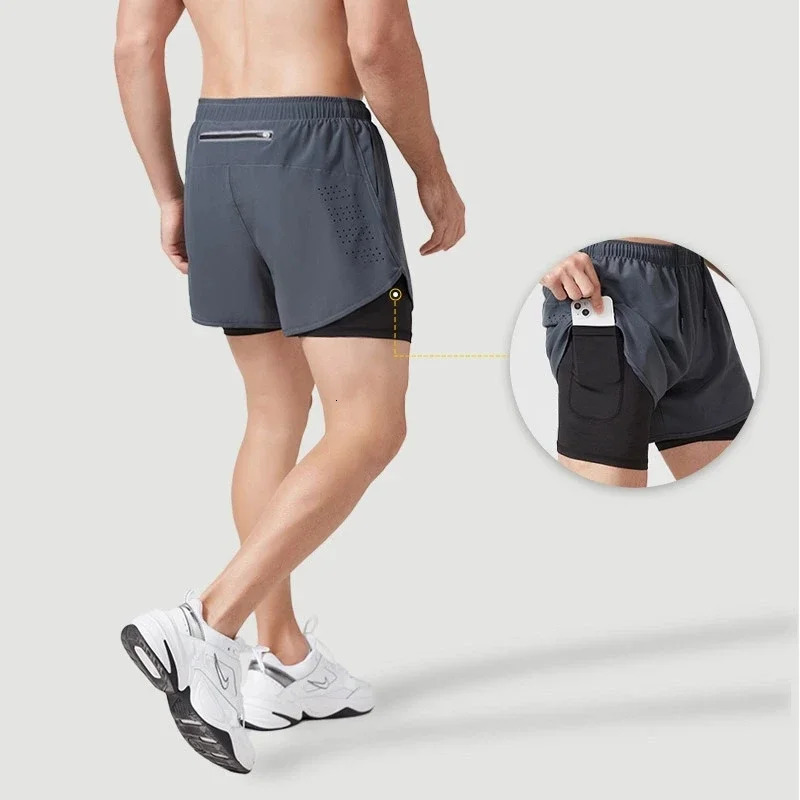 Mens Running Shorts 2 In 1 Fitness Black Double Layer Shorts Workout Training Gym Running Sport Short Pants Summer Shorts Men260108
