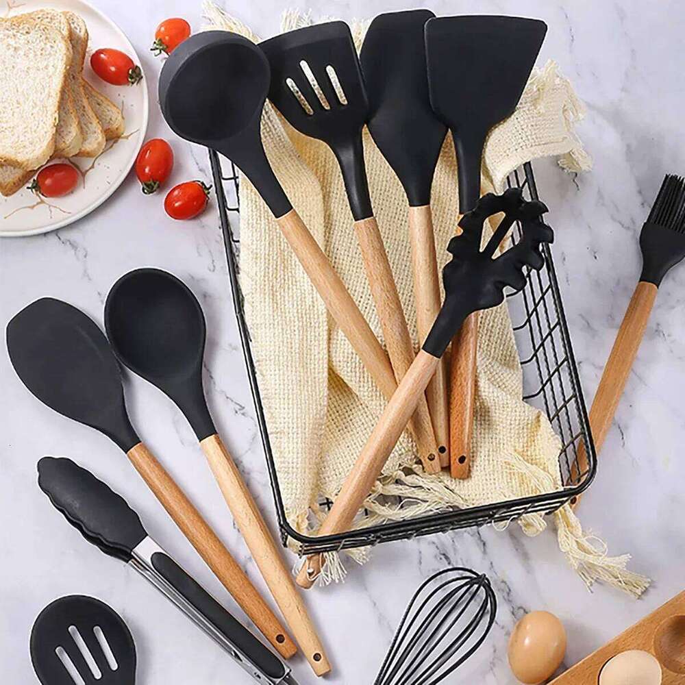 Home Kitchenware Set - 12Pcs Silicone Non-Stick Heat Resistant Spatula Spoon Turner Egg Beater Wooden Handle Cooking Tools for Home Kitchen and Dining