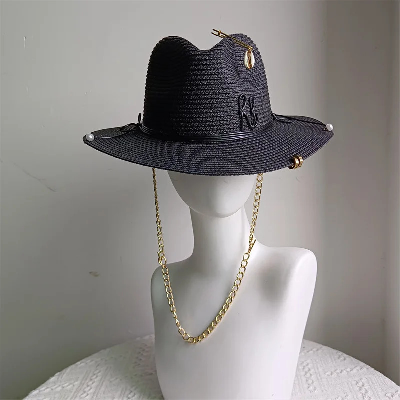 Womens Beach Hat Black Letter Ribbon Decoration Elegant Womens Party Dress Hat Travel Beach Sun Hat260106
